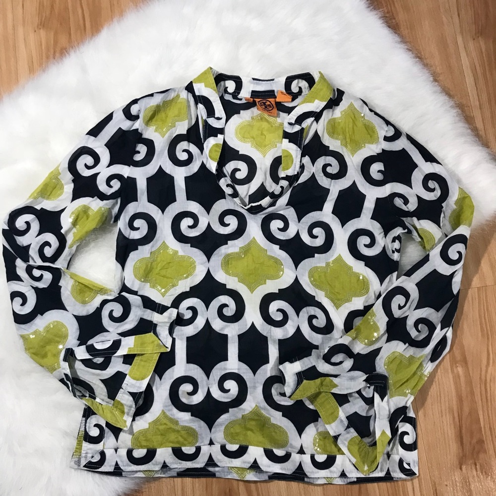 Tory Burch mustard & navy embellished blouse